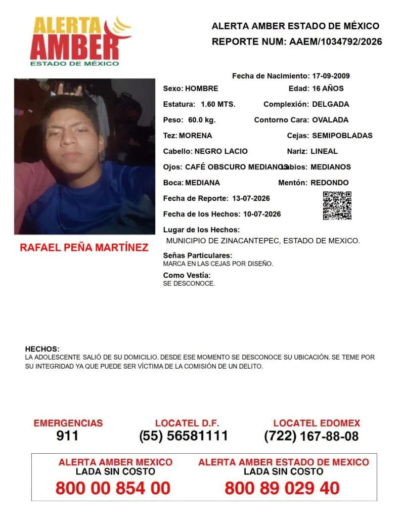 Alerta Amber: Se busca a Rafael Peña Martínez, desaparecido en Zinacantepec