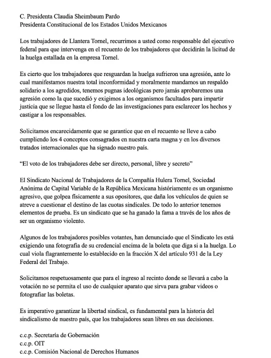 Trabajadores de Tornel exigen a Claudia Sheinbaum garantizar voto libre en recuento de huelga