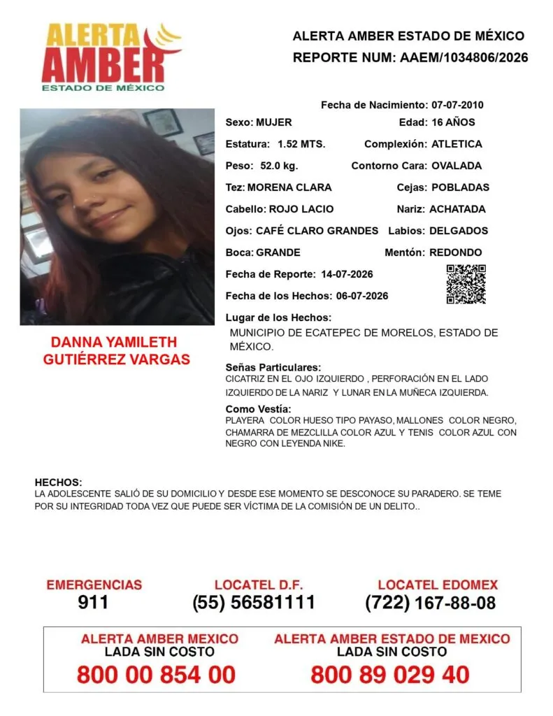 Alerta Amber: Se busca a Danna Yamileth Gutiérrez Vargas; desapareció en Ecatepec