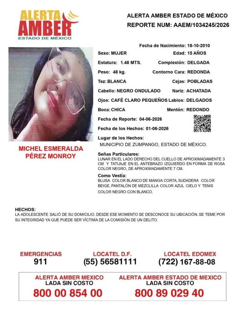 Alerta Amber: Se busca a Michel Esmeralda Pérez Monroy, desapareció en Zumpango
