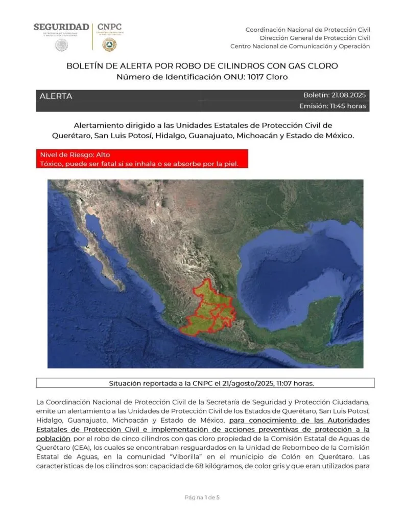 ¡Alerta! Roban cinco cilindros de gas cloro; emiten alerta en seis estados