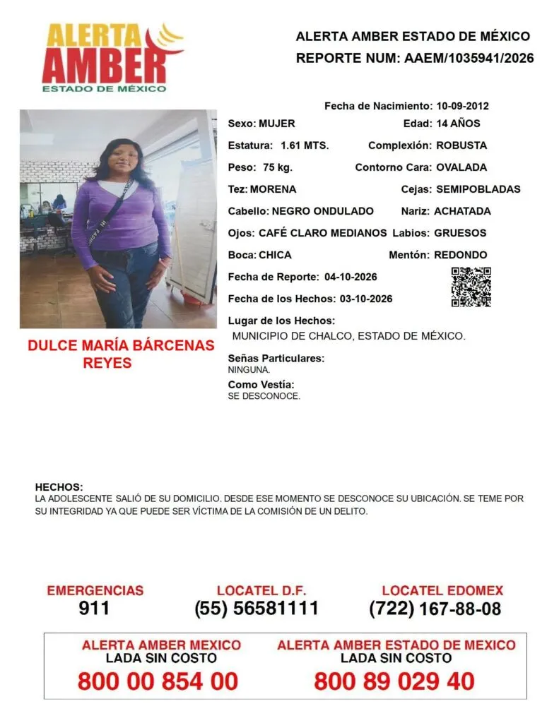 Alerta Amber: Se busca a Dulce María Bárcenas Reyes, desaparecida en  Chalco