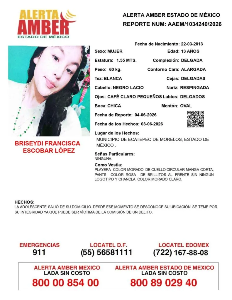 Alerta Amber: Se busca a Briseydi Francisca Escobar López, desaparecida en Ecatepec