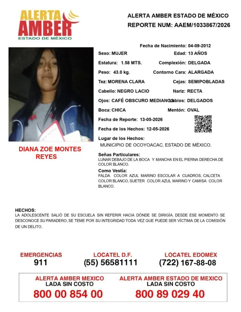 Alerta Amber: Se busca a Diana Zoé Montes Reyes; desapareció en Ocoyoacac