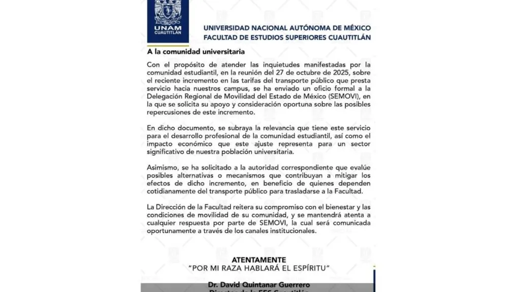 FES Cuautitlán solicita apoyo para estudiantes ante alza de tarifas en transporte público