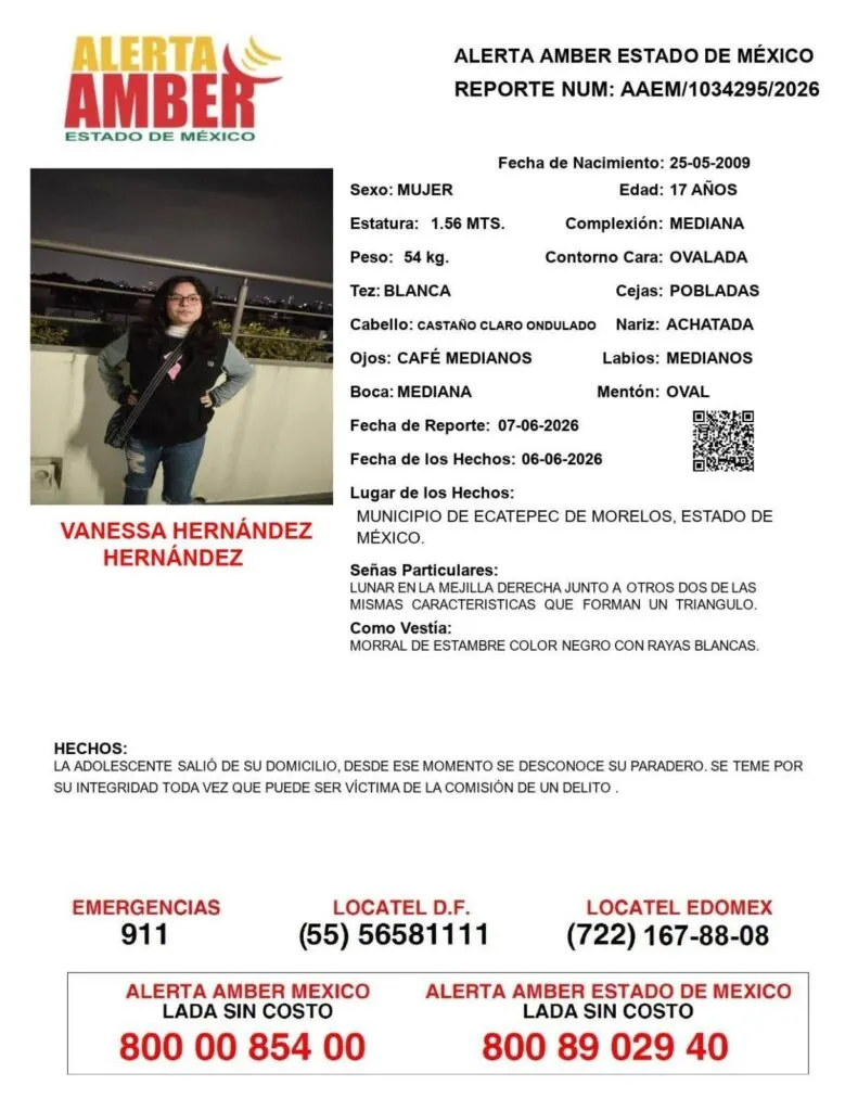 Alerta Amber: Se busca a Vanessa Hernández Hernández; desapareció en Ecatepec