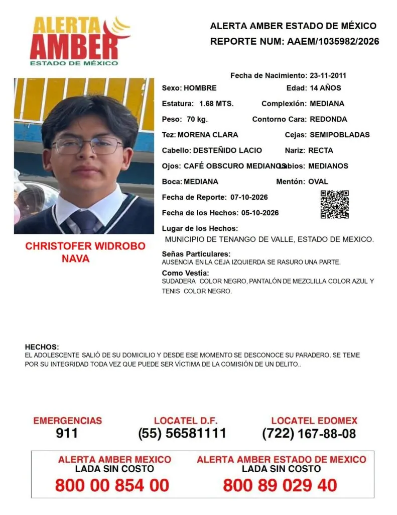 Alerta Amber: Se busca a Christofer Widrobo Nava, desaparecido en Tenango del Valle