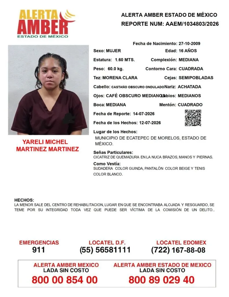 Alerta Amber: Se busca a Yareli Michel Martínez Martínez, desaparecida en Ecatepec