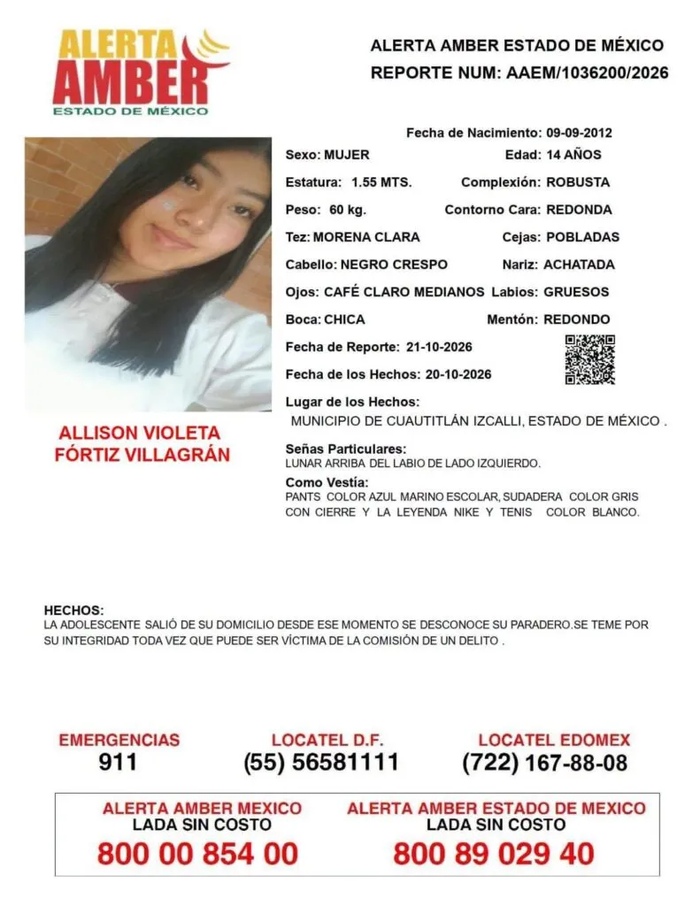 Alerta Amber: Se busca a Allison Violeta Fó​​rtiz Villagrán, desaparecida en  Cuautitlán Izcalli