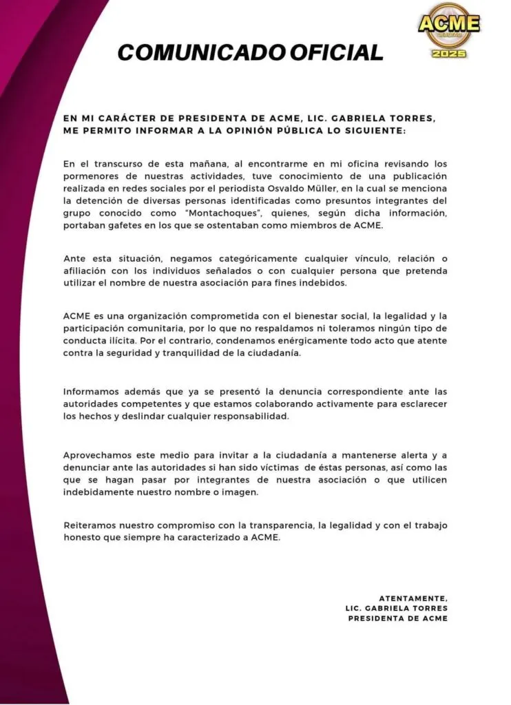 ACME se deslinda de presuntos integrantes del grupo “Montachoques”