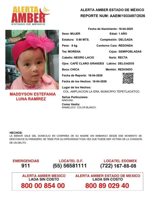 Alerta Amber: Se busca a Maddyson Estefanía Luna Ramírez; desapareció en Tepetlaoxtoc 