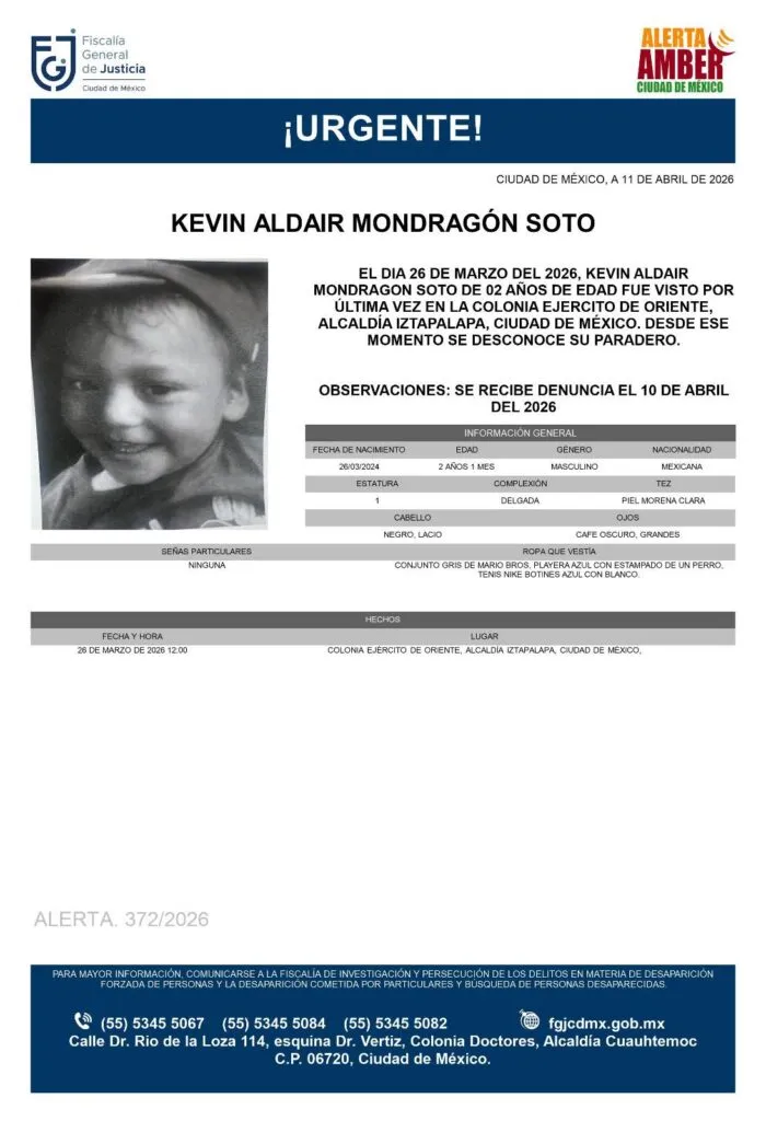 Alerta Amber: Se busca a Kevin Aldair Mondragón Soto, niño de 2 años desaparecido en Iztapalapa, CDMX