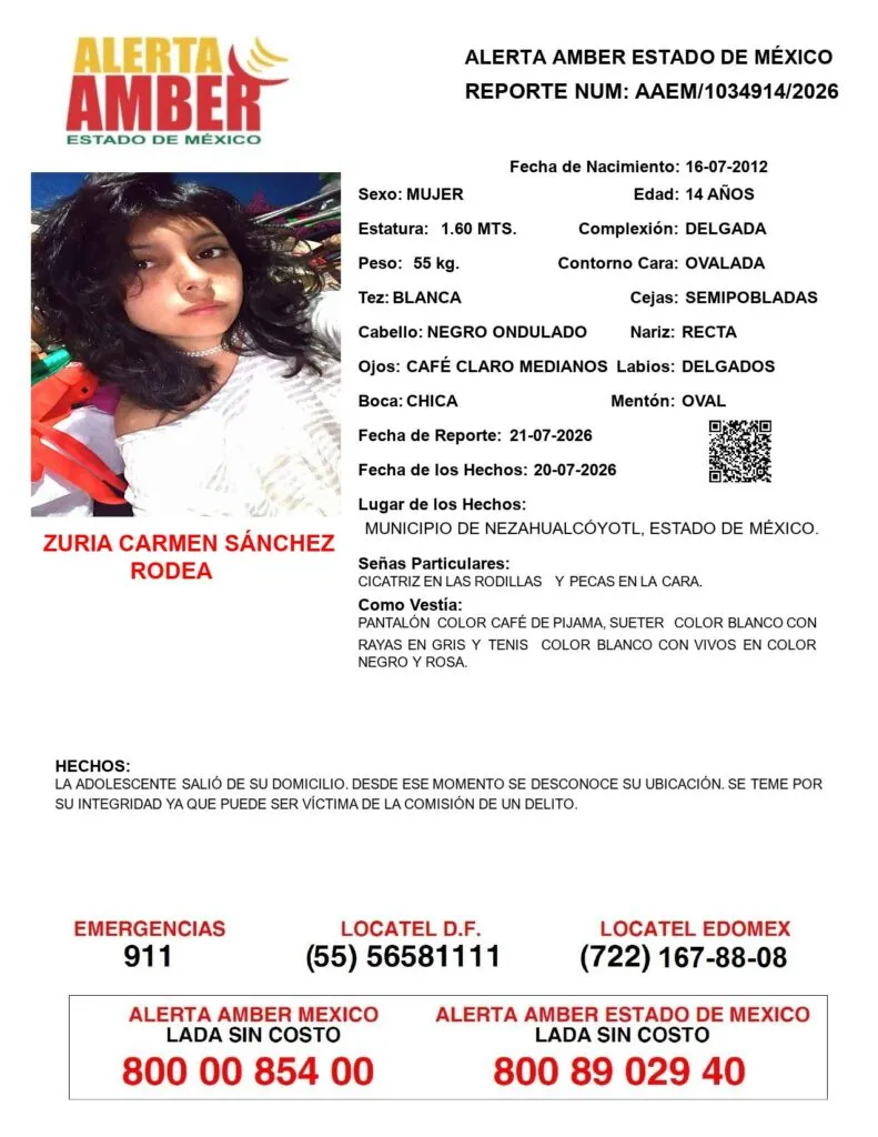 Alerta Amber: Se busca a Zuria Carmen Sánchez Rodea; desapareció en Nezahualcóyotl