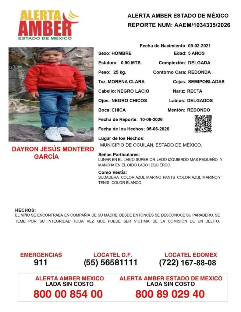 Alerta Amber: Se busca a Dayron Jesús Montero García, desaparecido en Ocuilan