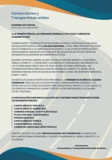 ¡Anticipa tus tiempos! Comerciantes y transportistas del Edomex marcharán hacia Palacio Nacional