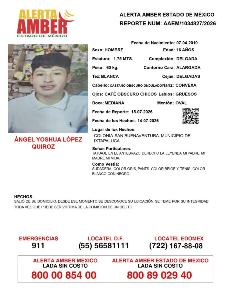 Alerta Amber: Se busca a Ángel Yoshua López Quiroz; desapareció en Ixtapaluca