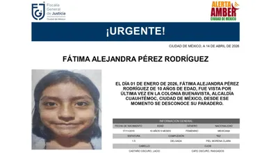 Fátima Alejandra Pérez Rodríguez, de 10 años, desapareció en la colonia Buenavista; activan Alerta Amber para localizarla.