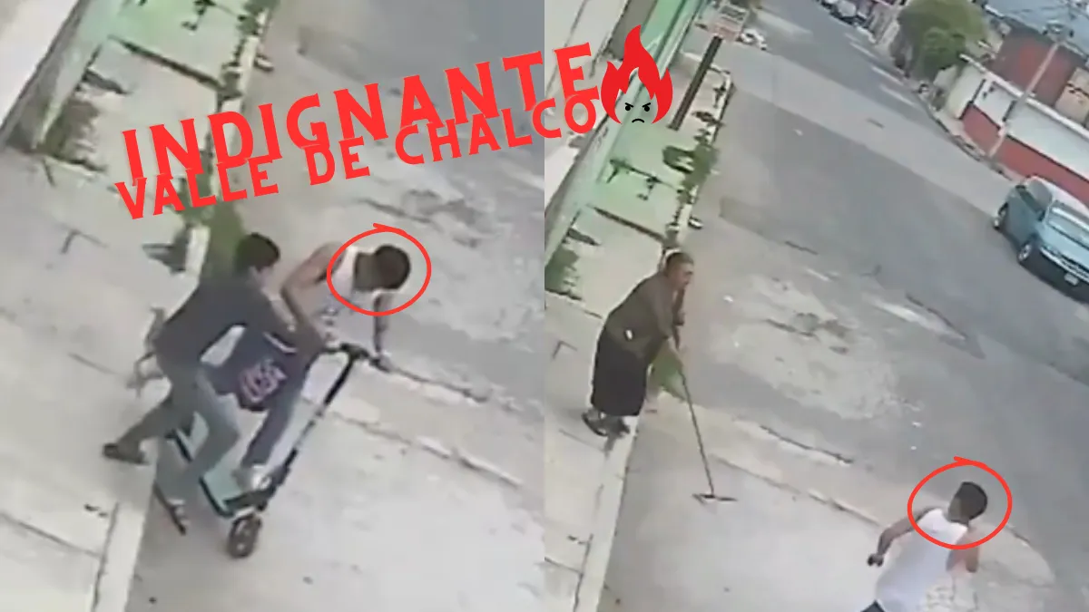 Abuelita enfrenta a ladrón en Chalco con un palo y frustra robo de scooter a su nieto. El video ya es viral en redes sociales.