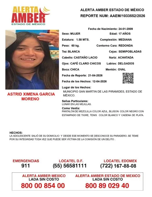Alerta Amber: Se busca a Astrid Ximena García Moreno, desapareció en San Martín de las Pirámides