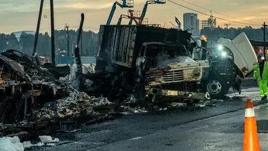 Choque e incendio de tres tráileres en la México-Toluca, a la altura de Lerma, dejó dos lesionados y agravó el bloqueo de transportistas rumbo a CDMX.