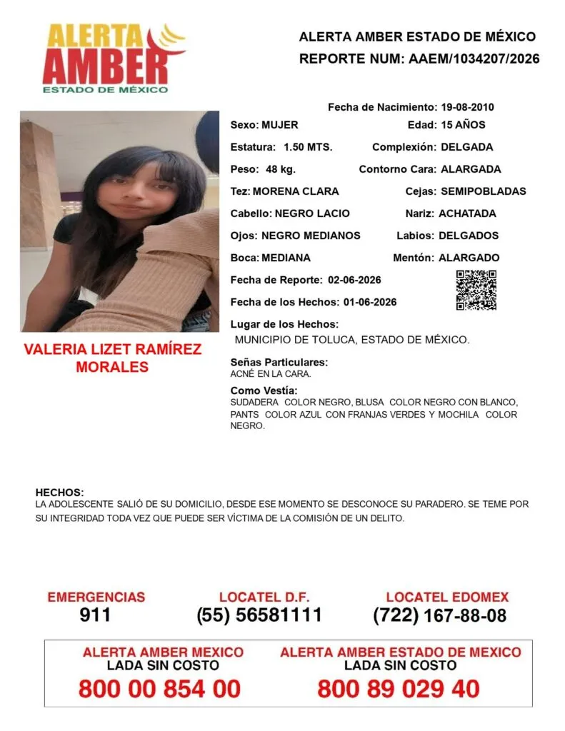 Alerta Amber: Se busca a Valeria Lizet Ramírez Morales, desaparecida en Toluca