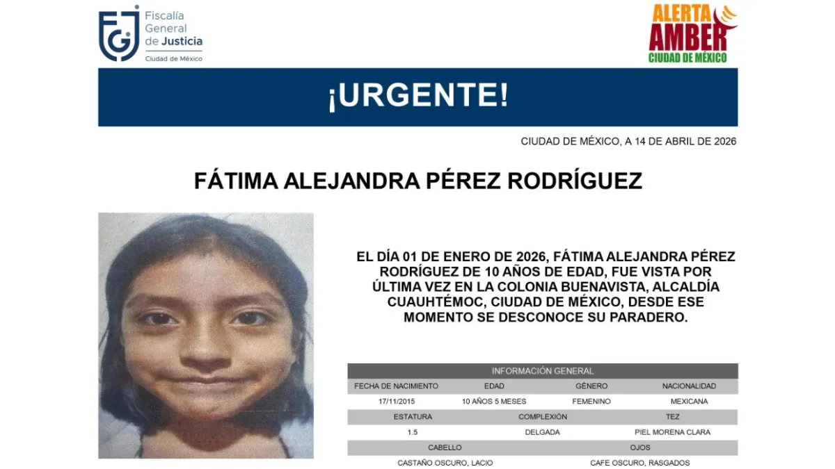 Fátima Alejandra Pérez Rodríguez, de 10 años, desapareció en la colonia Buenavista; activan Alerta Amber para localizarla.