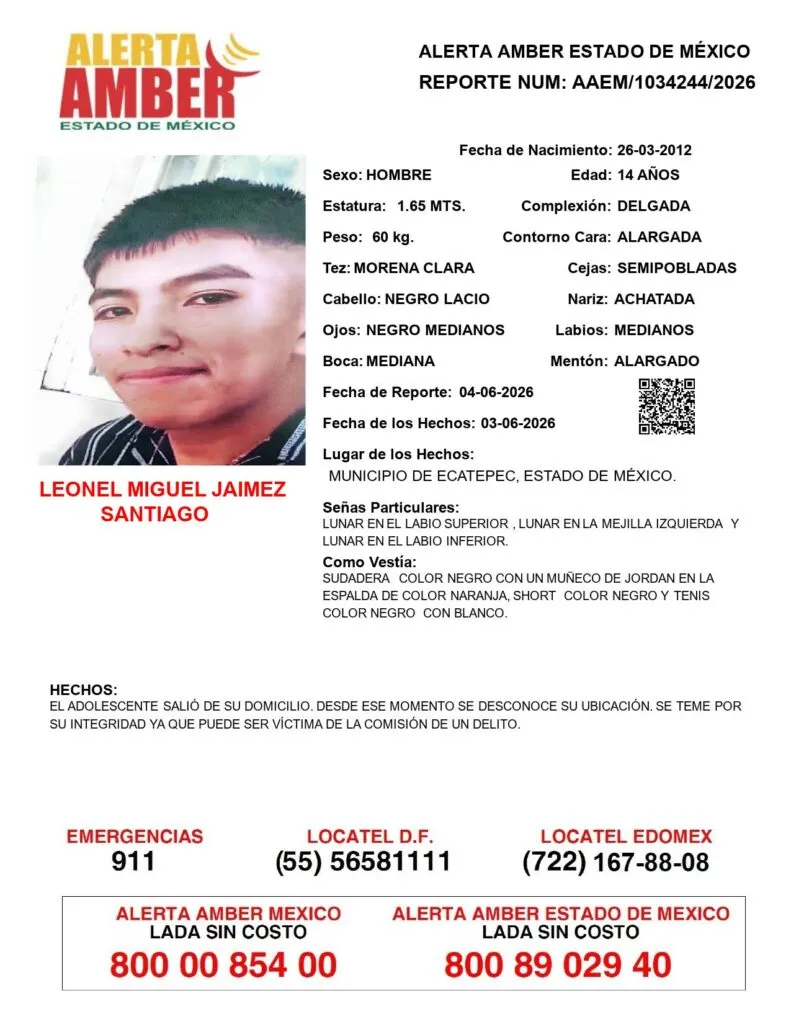 Alerta Amber: Se busca a Leonel Miguel Jaimez Santiago; desapareció en Ecatepec