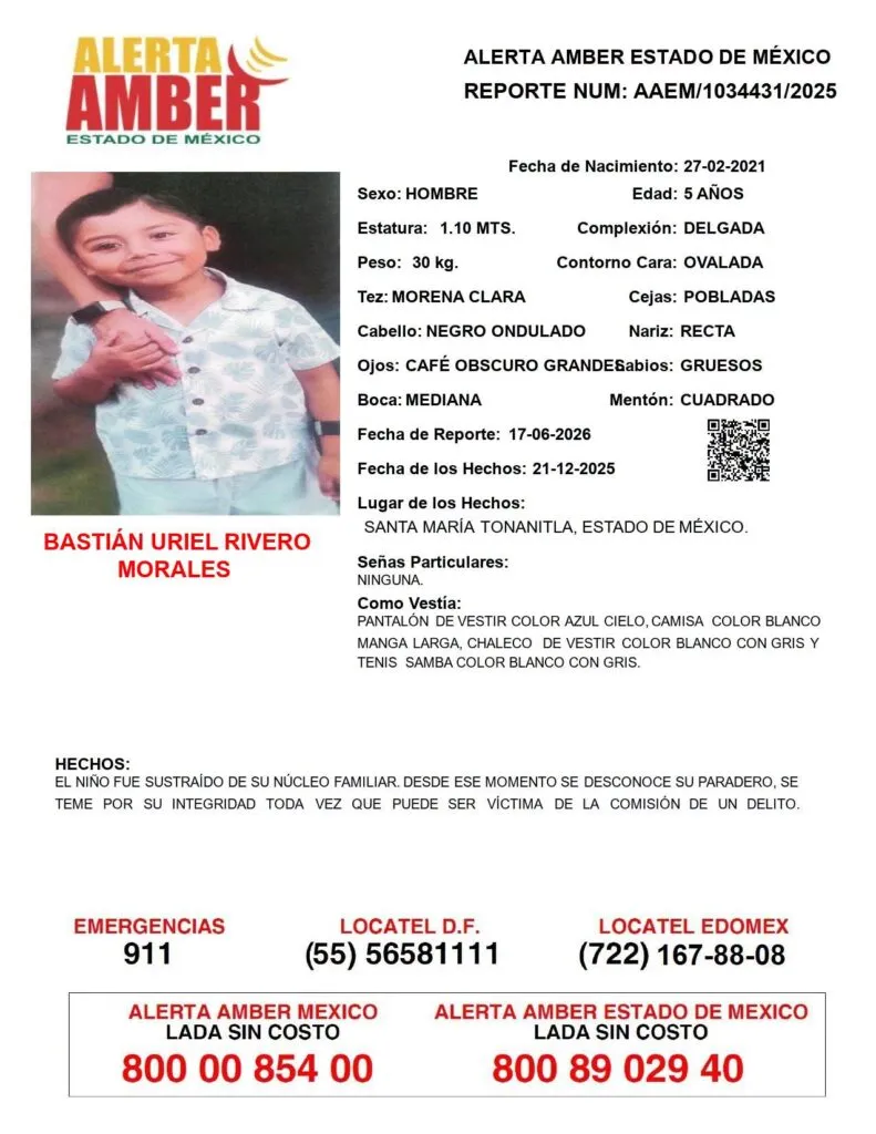 Alerta Amber: Se busca a Bastián Uriel Rivero Morales; desapareció en Tonanitla