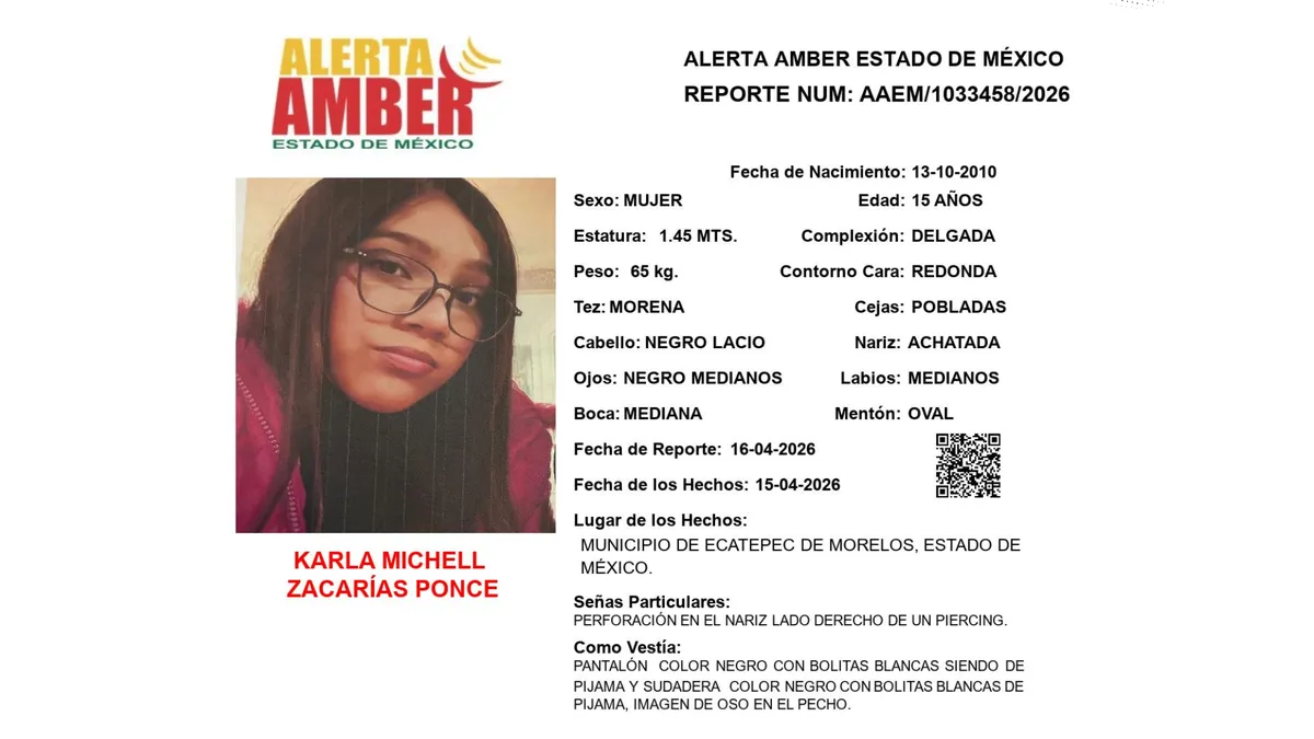 Alerta Amber: Se busca a Karla Michell Zacarías Ponce, desaparecida en Ecatepec