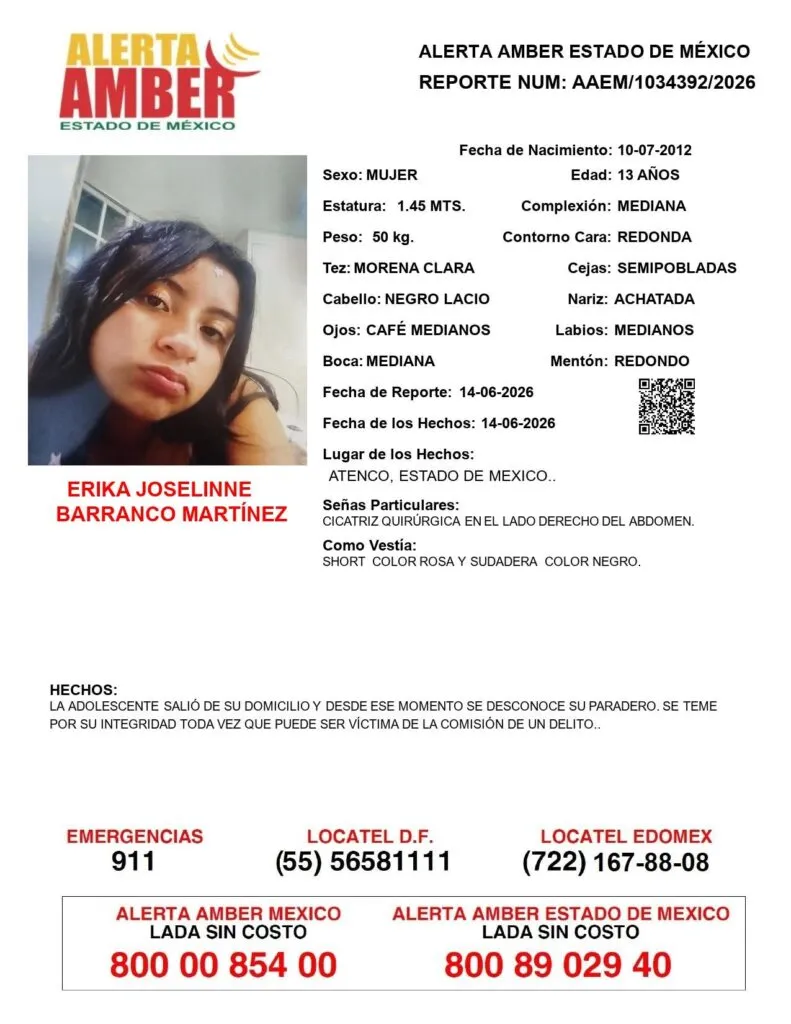 Alerta Amber: Se busca a Erika Joselinne Barranco Martínez, desaparecida en Atenco