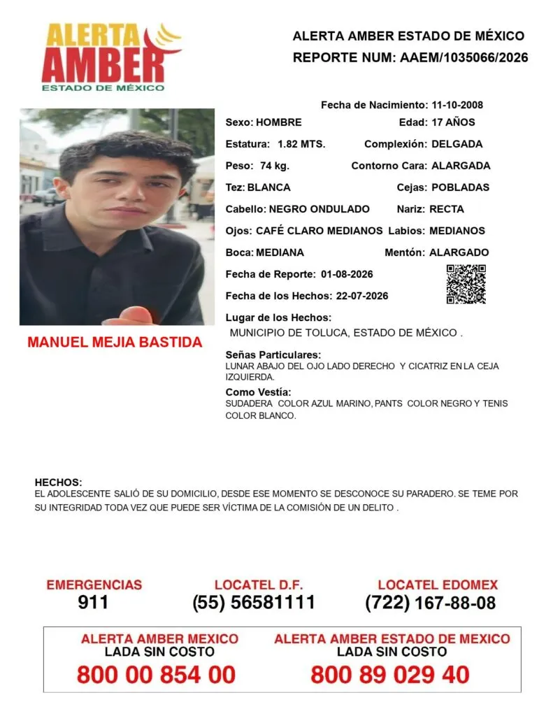Alerta Amber: Se busca a Manuel Mejía Bastida, desapareció en Toluca
