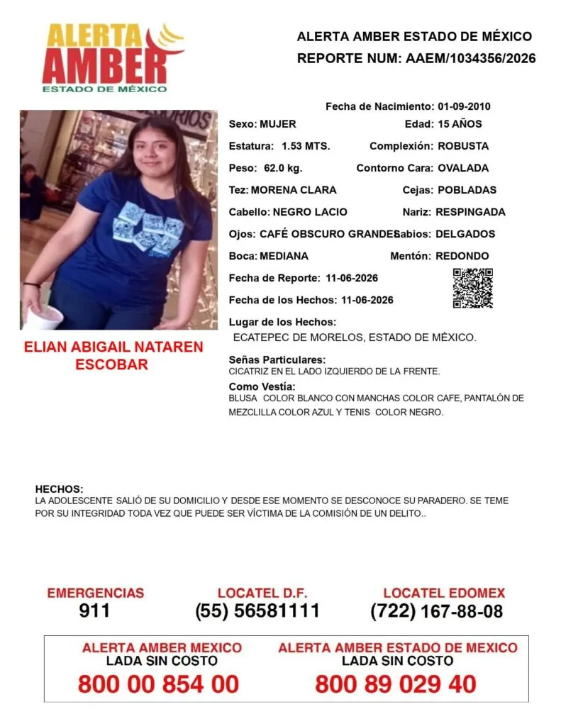 Alerta Amber: Se busca a Elian Abigail Nataren Escobar, desaparecida en Ecatepec