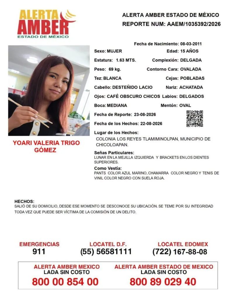 Alerta Amber: Se busca a Yoari Valeria Trigo Gómez, desaparecida en Chicoloapan