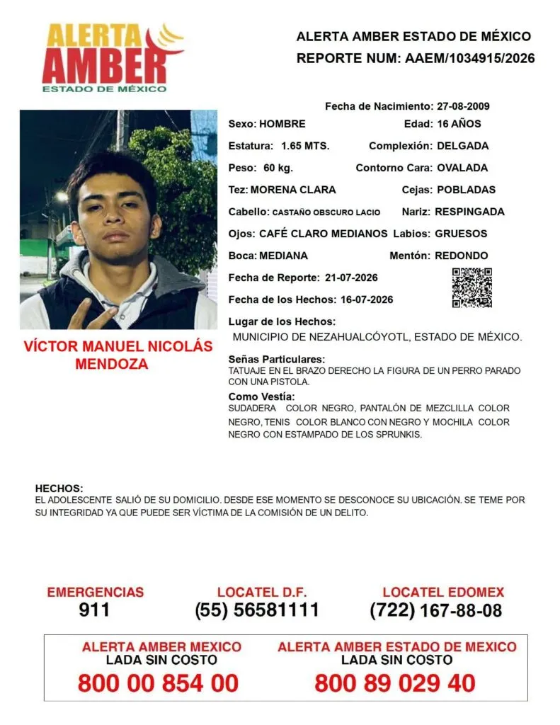 Alerta Amber: Se busca a Víctor Manuel Nicolás Mendoza, desaparecido en Nezahualcóyotl