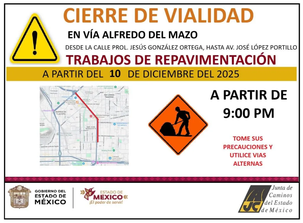Anuncian cierre vial en Alfredo del Mazo por repavimentación