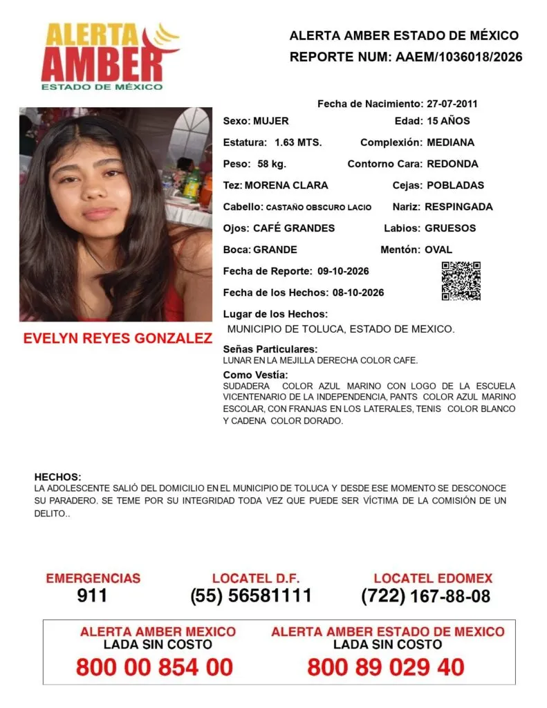 Alerta Amber: Se busca a Evelyn Reyes González; desapareció en Toluca