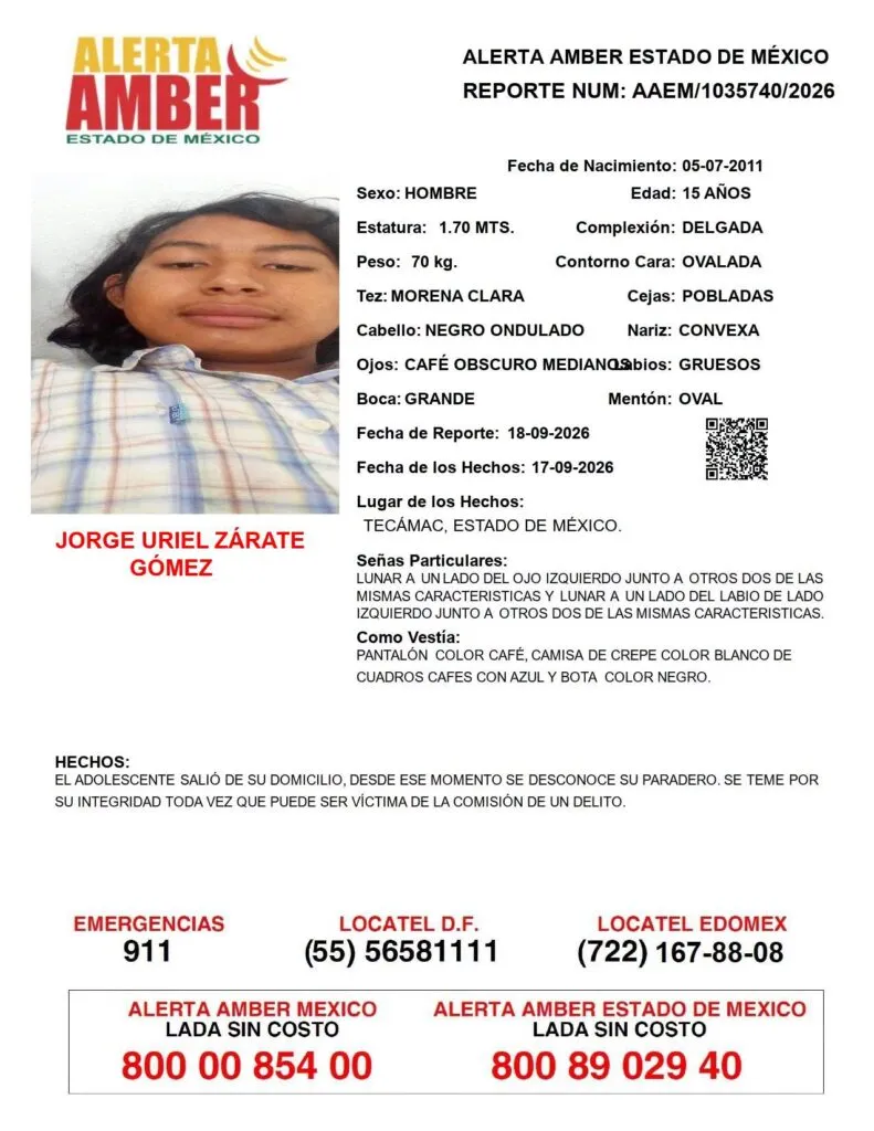 Alerta Amber: Se busca a Jorge Uriel Zárate Gómez, desapareció en Tecámac