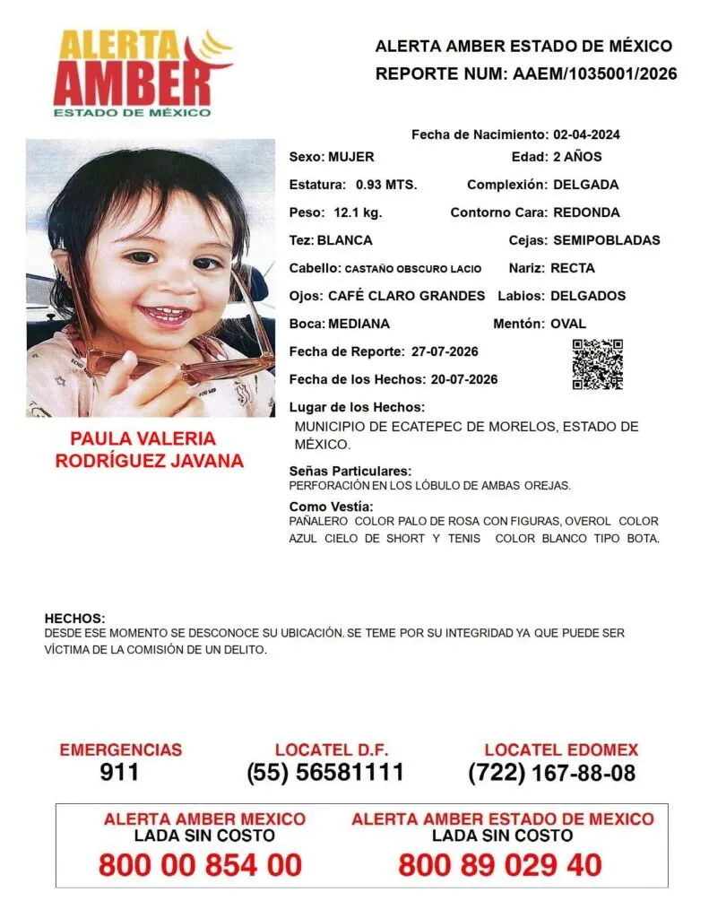 Alerta Amber: Se busca a Paula Valeria Rodríguez Javana, desaparecida en Ecatepec