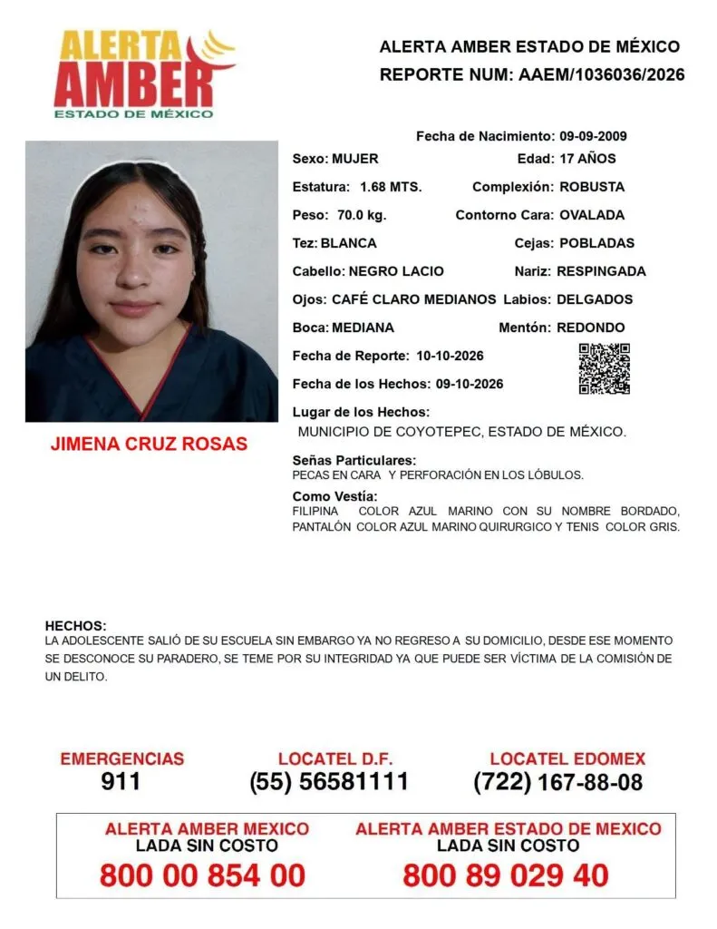 Alerta Amber: Se busca a Jimena Cruz Rosas, desaparecida en Coyotepec