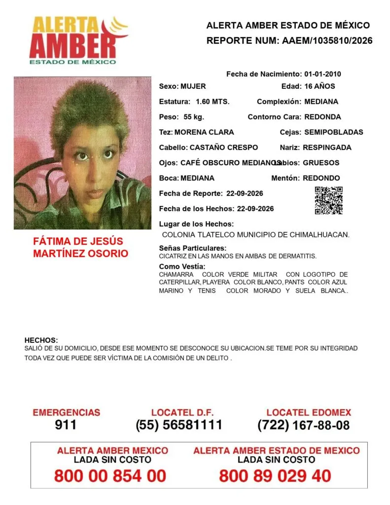 Alerta Amber: Se busca a Fátima de Jesús Martínez Osorio; desapareció en Chimalhuacán