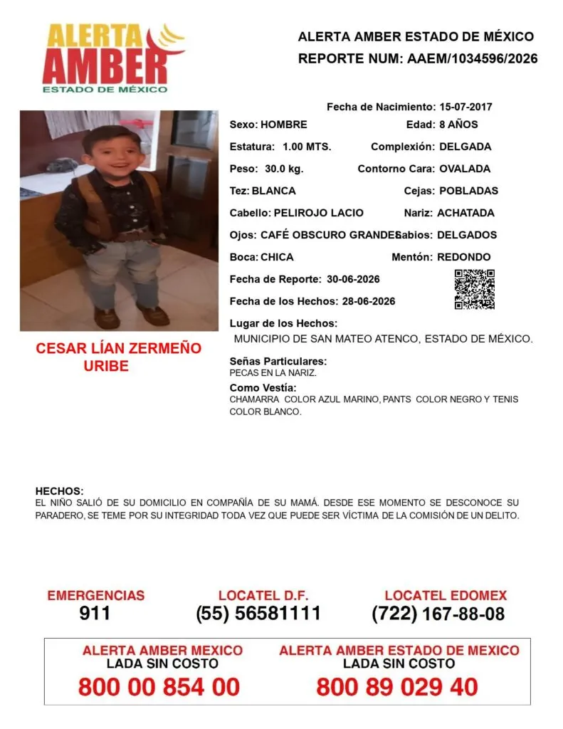 Alerta Amber: Se busca a César Lían Zermeño Uribe; desapareció en San Mateo Atenco
