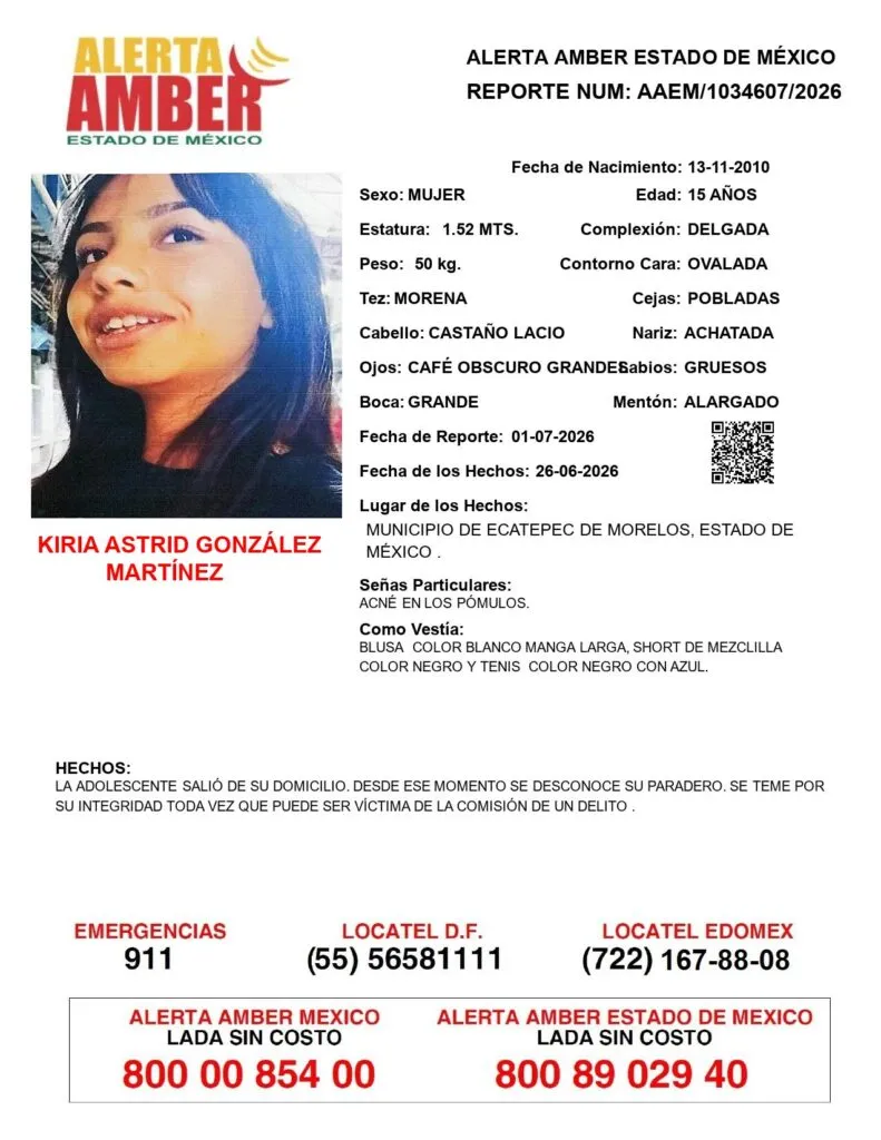 Alerta Amber: Se busca a Kiria Astrid González Martínez, desapareció en Ecatepec