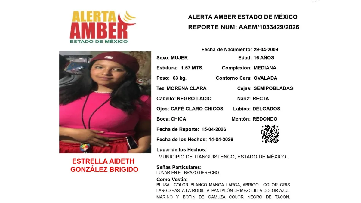 Alerta Amber: Se busca a Estrella Aideth González Brígido, desaparecida en Santiago Tianguistenco