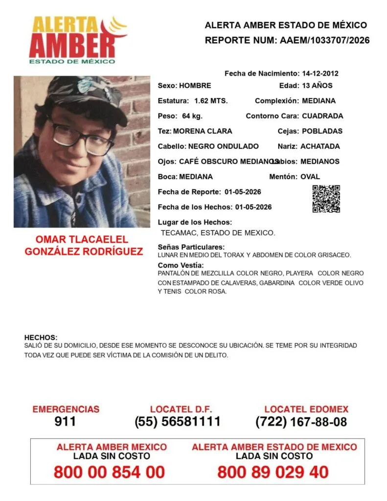 Alerta Amber: Se busca a Omar Tlacaelel González Rodríguez; desapareció en Tecámac