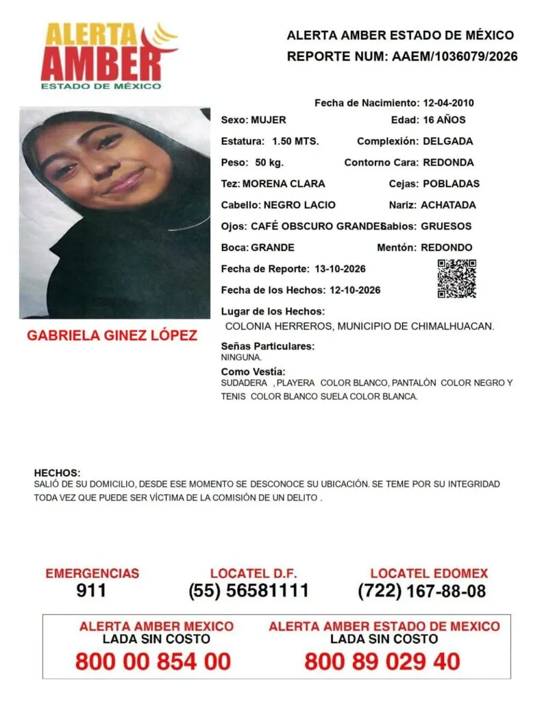 Alerta Amber: Se busca a Gabriela Ginez López, desaparecida en Chimalhuacán