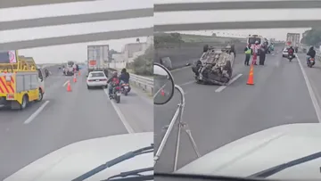 [VIDEO] Tráiler averiado y auto volcado provocan congestionamiento vial en el Circuito Exterior Mexiquense