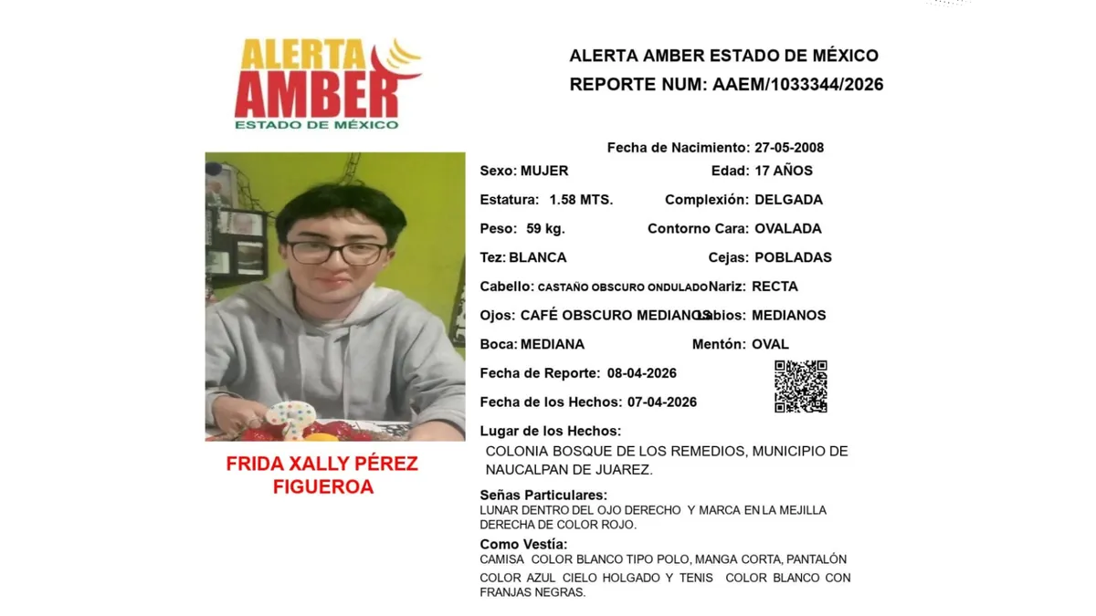 Alerta Amber: Se busca a Frida Xally Pérez Figueroa, desaparecida en Naucalpan