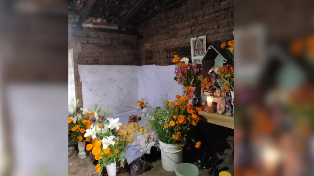 Ofrenda tradicional otomí, sobre petate y entre flores comida y aroma de copal en Otzolotepec