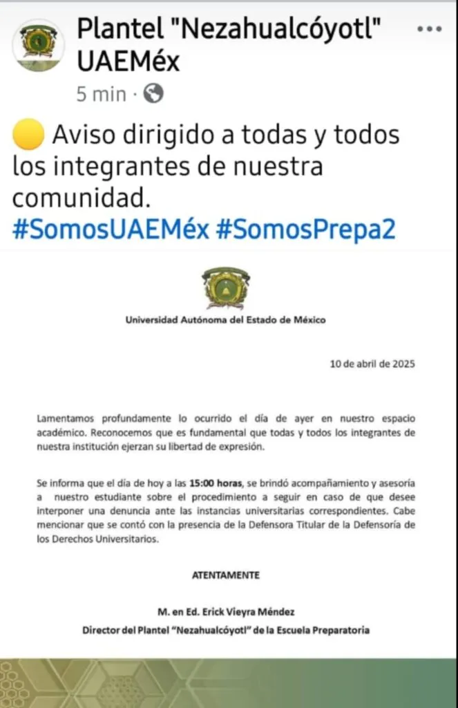 Autoridades de prepa 2  UAEMéx modifican comunicado de incidente con alumno