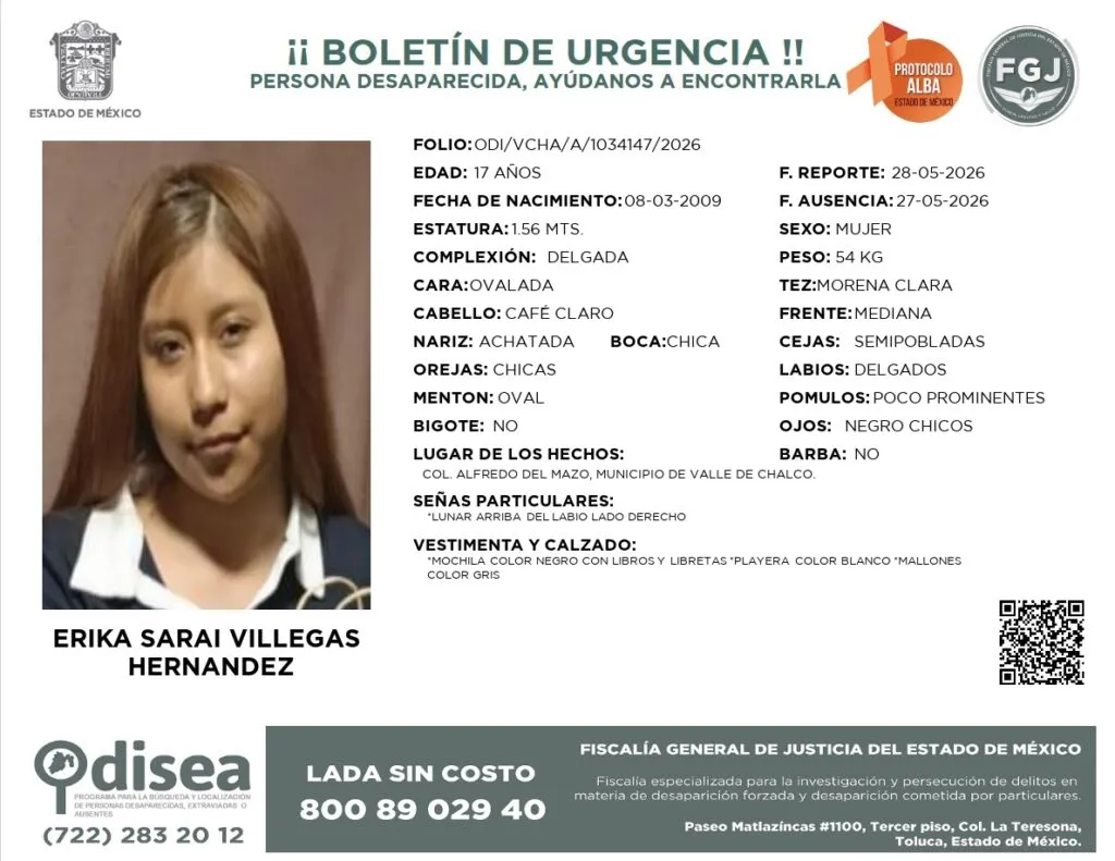 Protocolo Alba: Se busca a Erika Sarai Villegas Hernández de 17 años; desapareció en Valle de Chalco